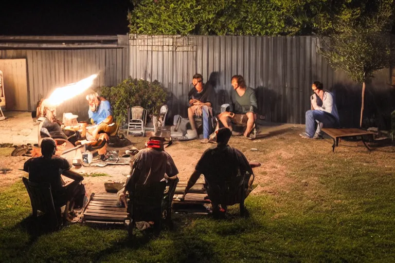 Prompt: It's a deep night, in the yard, in the distance two guys are grilling kebabs and chatting about the meaning of life, in the foreground on the left by the garage wall is a long table and two long benches with six girls and four guys sitting on them, one guy has an acoustic guitar and another guy is vaping, and to the right in the foreground is a vegetable garden, and one guy stepped in the bed by accident, and the other two guys are pulling him out of it