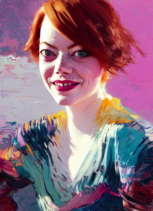 Prompt: portrait of a emma stone, smiling, ecstatic, dancing, eyes closed, open mouth, shades of pink and blue, beautiful face, rule of thirds, intricate outfit, spotlight, by greg rutkowski, by jeremy mann, by francoise nielly, by van gogh, digital painting