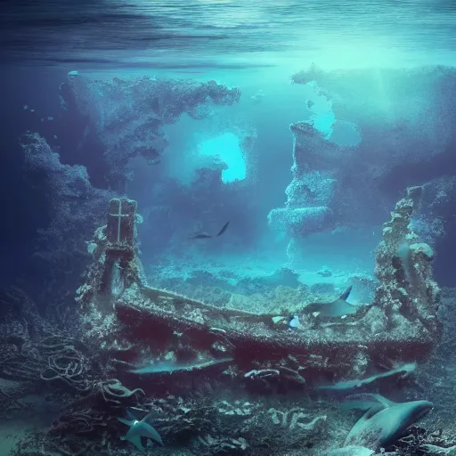 Image similar to underwater shipwreck surrounded by coral and dolphins, shallow depth of field, moody lighting, 8 k, concept art,