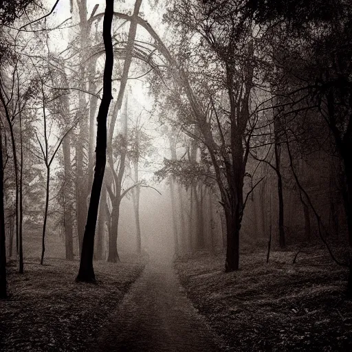 Image similar to book in spooky woods, horror, scary, dramatic lighting, shadows, monster, slasher movie