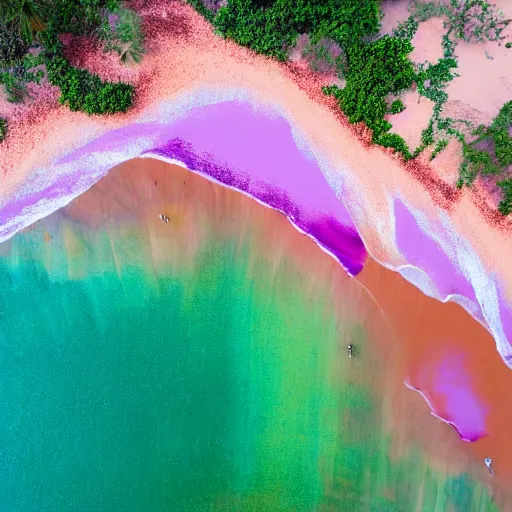 Image similar to Arial shot of a beach with orange sand and a sea of purple, acrylic painting