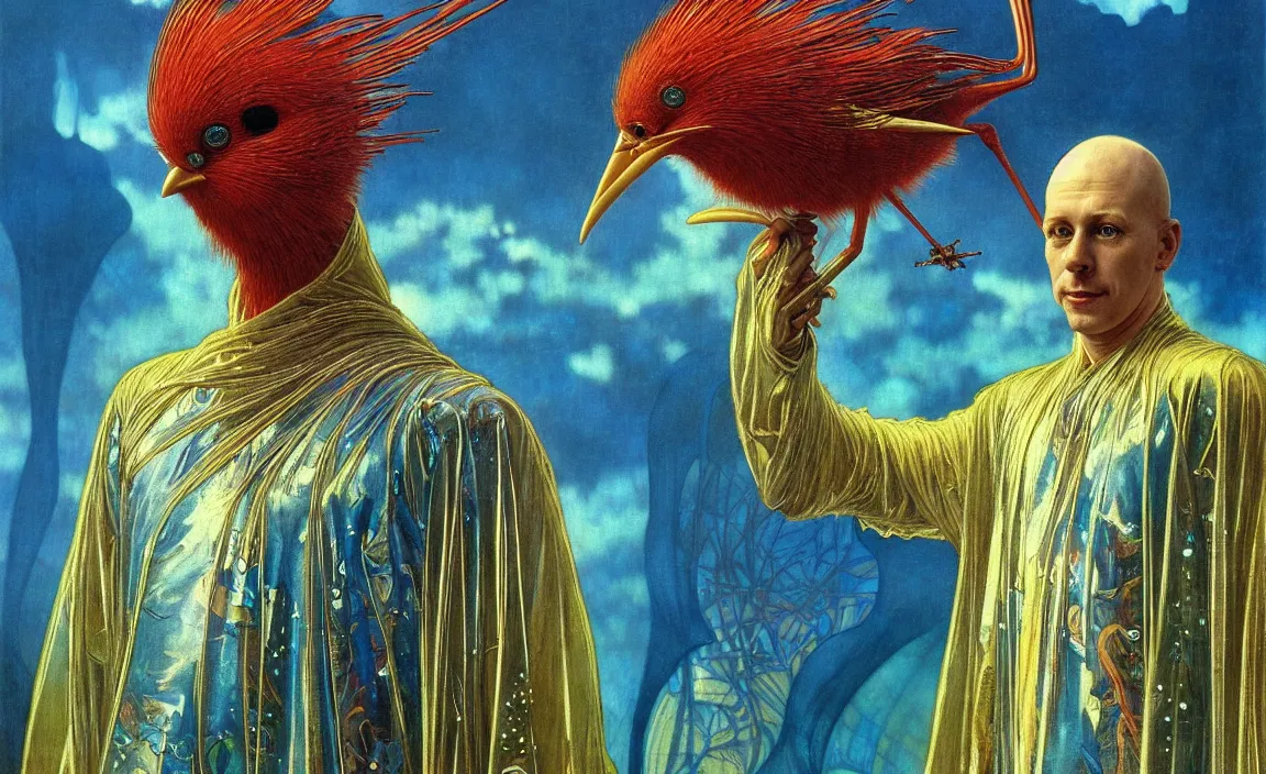 Image similar to realistic detailed portrait movie shot of a birdman wearing reflective transparent robes, sci fi city landscape background by denis villeneuve, amano, yves tanguy, alphonse mucha, ernst haeckel, max ernst, roger dean, masterpiece, rich moody colours, blue eyes