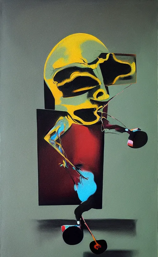 Prompt: an empty room in the style of constructivism, black mask, blurred man rides a skateboard through boxes, grotesque, doomed, neural acrylic paint, high resolution, gouache on canvas, ultra detailed, vibrant colors, grotesque, wrapped thermal background, art by francis bacon, beksinski painting