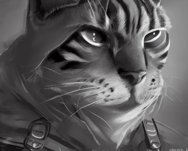 Image similar to A soldier cat in world war one, close-up, black and white, amazing digital art, hyper detailed, artstation, in the style of Tony Sart