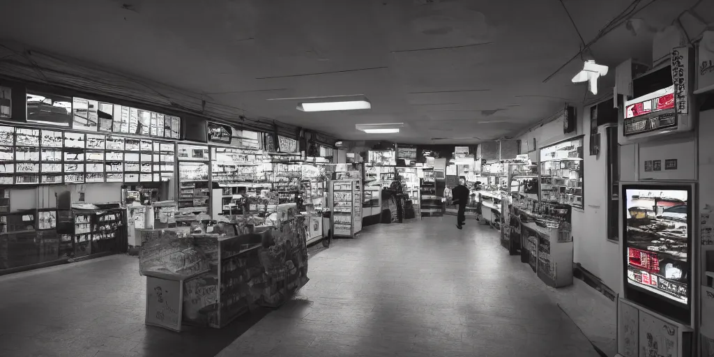 Image similar to interior of a japanese convenient store after midnight, large windows with a view of a parking lot, grey interior, low lights, old television with static noise in the pathway, creepy atmosphere, desolate, cinematic, cyberpunk, 8 k, trending on artstation