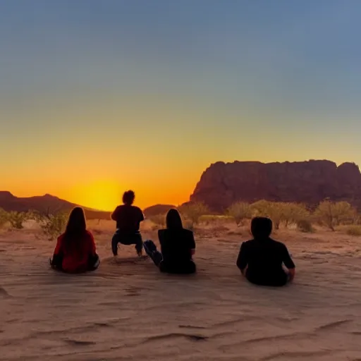 Prompt: group of teens playing video games together as the sunsets in the desert