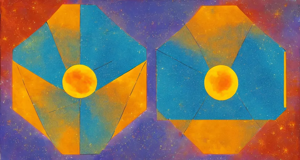 Image similar to solar sail in the shape of a hexagon blocking the sun, art deco painting