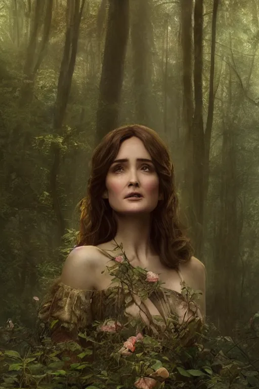 Image similar to A beautiful fairy princess(looking like Rose Byrne), in a dark forest, telephoto close up, cool tones, underexposed, overecast, mysterious matte painting by greg rutkowski and marc simonetti and Ivan Shishkin and christophe Vacher, 4k