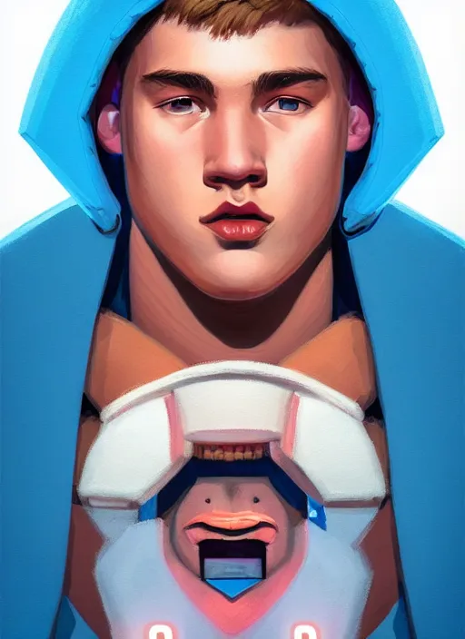 Image similar to portrait of high school senior boy named big moose, blonde short hair, jock, beefy, wide face, square jaw, square facial structure, blue varsity jacket with letter r, intricate, elegant, glowing lights, highly detailed, digital painting, artstation, concept art, sharp focus, illustration, art by wlop, mars ravelo and greg rutkowski