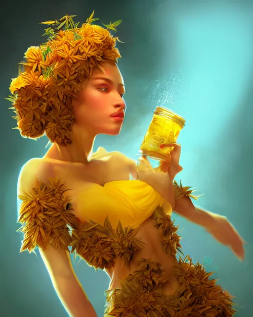 Prompt: beautiful marijuana as honey, made of honey, wearing honey - themed miniskirt, award winning creature portrait photography, extremely detailed, artstation, 8 k, sensual lighting, incredible art, wlop, artgerm, backlit, rim lighting, hi - fructose