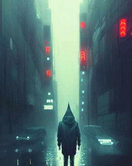 Prompt: blade runner, hyper - realistic portrait man in hoodie, real street, rain, cinematic, by atey ghailan, by greg rutkowski, by greg tocchini, by james gilleard, by joe fenton, by kaethe butcher, 8 k, very intricate, 8 0's, night