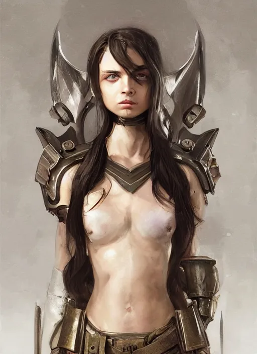 Image similar to a professional photographic portrait of a beautiful young girl, clothed in battle armor, exposed waist, olive skin, long dark hair, beautiful bone structure, symmetrical facial features, intricate, elegant, digital painting, concept art, smooth, sharp focus, illustration, beautifully framed, from Metal Gear, by Ruan Jia and Mandy Jurgens and Artgerm and William-Adolphe Bouguerea