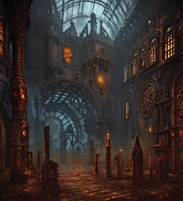 Image similar to steam necropolis, memento mori, gothic, neo - gothic, art nouveau, hyperdetailed copper patina medieval icon, stefan morrell, philippe druillet, ralph mcquarrie, concept art, steampunk, unreal engine, detailed intricate environment, octane render, moody atmospherics, volumetric lighting, ultrasharp, ominous, otherworldly