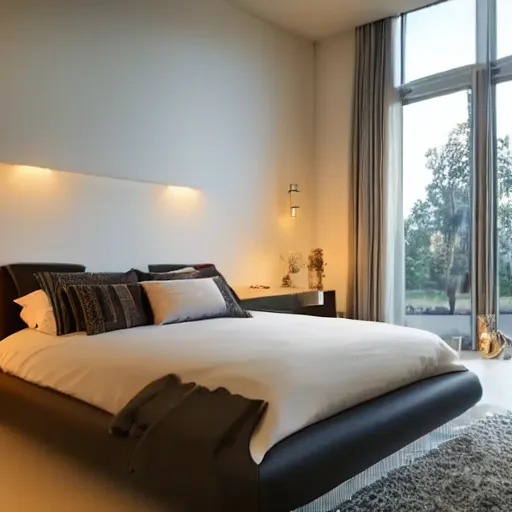 Image similar to a futuristic furnished bedroom with a large window at sunset, godrays, luxury white bed, warm lighting