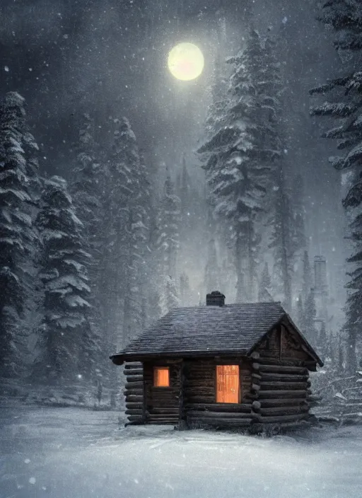 Prompt: an abandoned cabin on the top of a snowy mountain, new moon, greg rutkowski, 8 k, shallow depth of field, intricate detail, concept art,