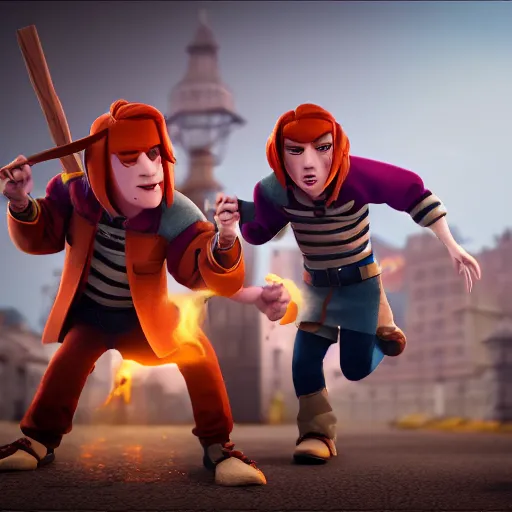 Prompt: the weasley twins, clash royal style characters, unreal engine 5, octane render, detailed, brawl stars, cinematografic, cinema 4 d, artstation trending, high definition, very detailed, blender