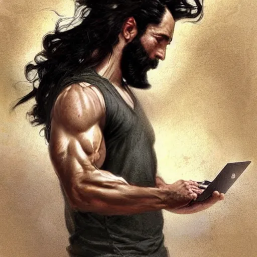 Prompt: a chad with wavy black hair and a beard. muscular. godlike. tank top. using a computer., picture by greg rutkowski, dynamic pose, intricate, futuristic, fantasy, elegant, by stanley artgerm lau, greg rutkowski, thomas kindkade, alphonse mucha, loish, norman rockwell,