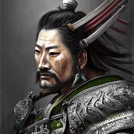 Prompt: dynamic composition, motion, ultra-detailed, incredibly detailed, a lot of details, amazing fine details and brush strokes, colorful and grayish palette, smooth, HD semirealistic anime CG concept art digital painting, watercolor oil painting of a Japanese Samurai wearing armor, from Three Kingdoms, by a Chinese artist at ArtStation, by Huang Guangjian, Fenghua Zhong, Ruan Jia, Xin Jin and Wei Chang. Realistic artwork of a Chinese videogame, gradients, gentle an harmonic grayish colors.