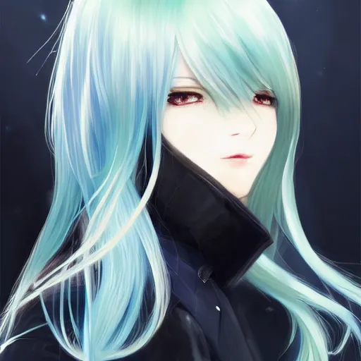 Image similar to side profile of rimuru tempest with sky blue hair, long hair, sharp face, gold eyes, high collar, black jacket | shiny, highly detailed, rain, professional digital painting, concept art, award - winning photography, cinematic, wlop | art by pixiv art, yoshitaka amano, deviantart