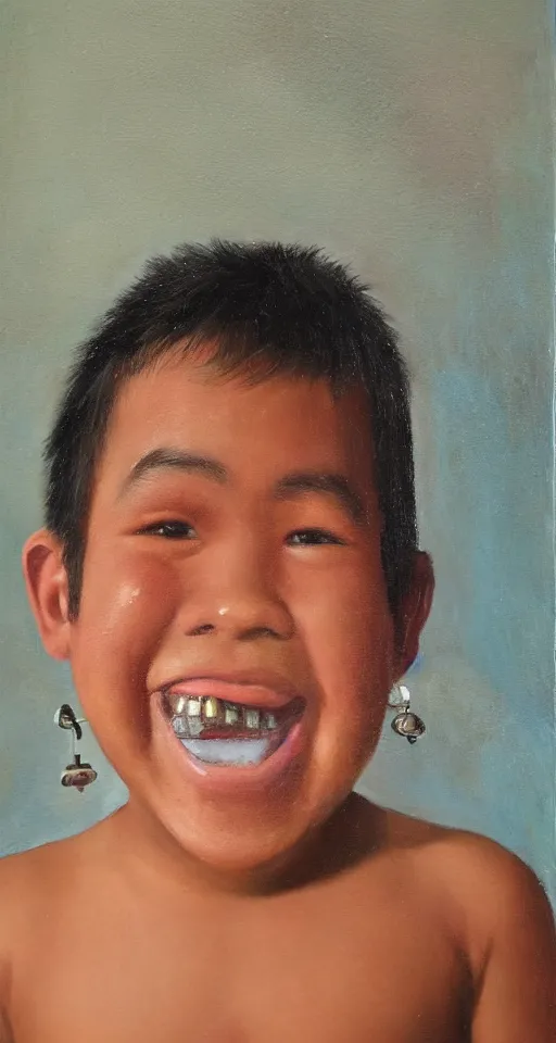 Image similar to oil portrait of one teenage chubby filipino boy smiling with crooked teeth, with a curly perm, and with small studded earings, 4 k, photorealistic, high detail