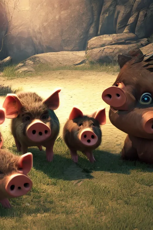 Image similar to three funny little pigs playing with the wolf who is begging for mercy. cinematic lighting, unreal engine, 8 k, hd extremely detailed. 4 k. award winning. ultra realistic photo.
