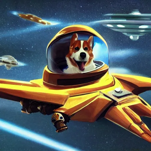 Prompt: corgi piloting a spaceship with helmet, serious, sci fi, dramatic, concept art