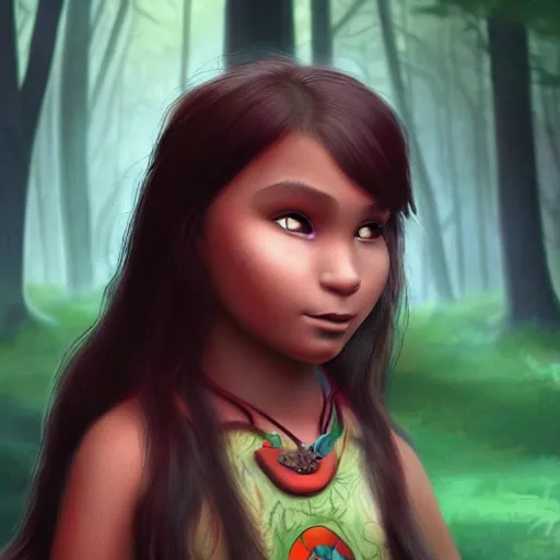 Prompt: medium shot native american girl, in a dark forest, mysterious, backlit, still from a pixar dreamworks movie, trending on artstation