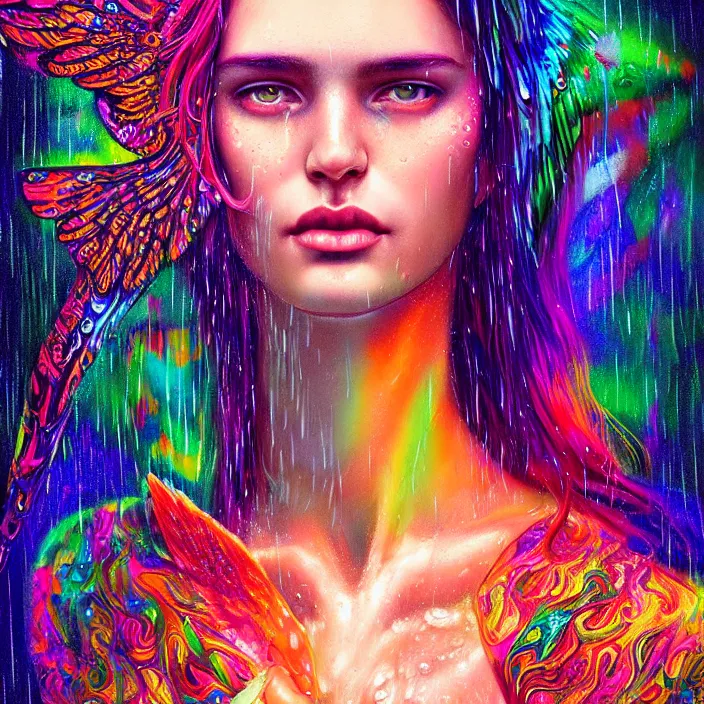 Image similar to bright psychedelic portrait with rain on face and wet hair, wings, smiling, diffuse lighting, fantasy, intricate, elegant, highly detailed, lifelike, photorealistic, digital painting, artstation, illustration, concept art, smooth, sharp focus, art by John Collier and Albert Aublet and Krenz Cushart and Artem Demura and Alphonse Mucha