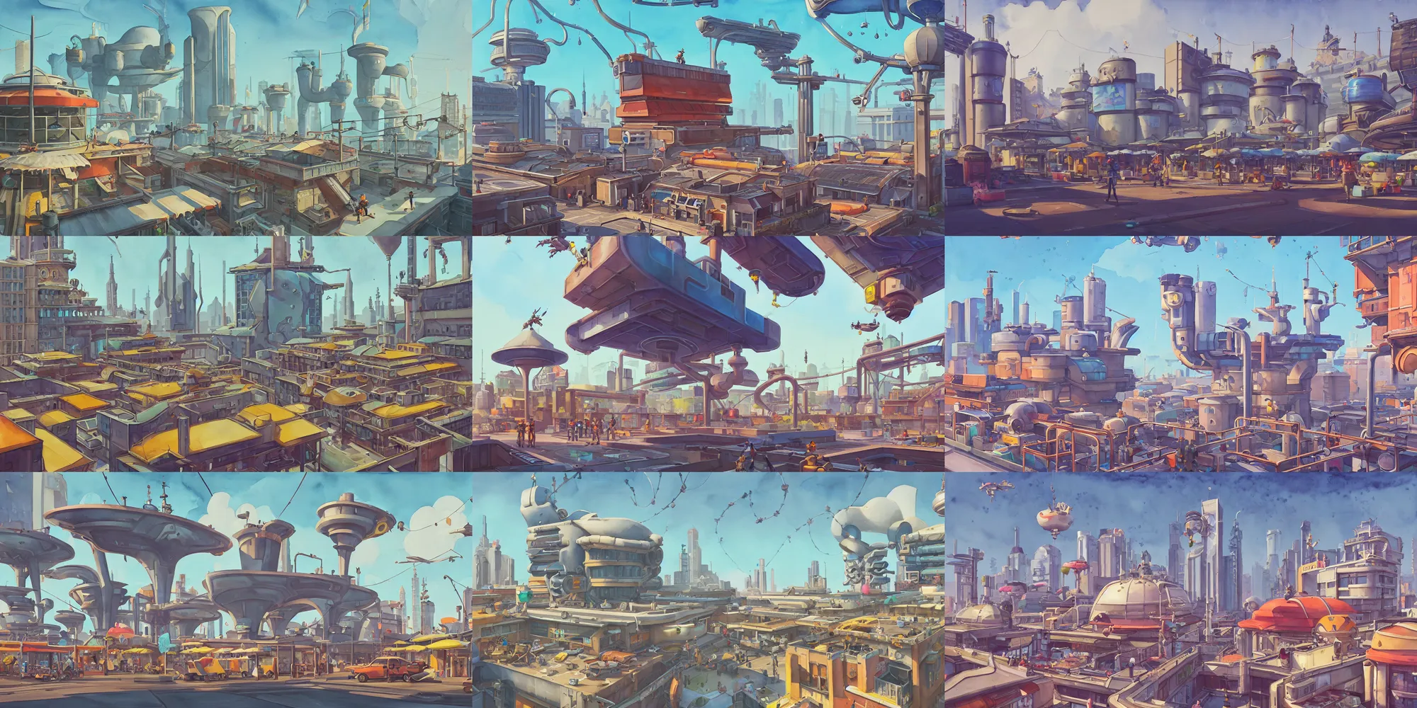 Prompt: overwatch building, stylized, exterior, architecture, in watercolor gouache detailed paintings, insanely detail, artstation, 8 k, futuristic, big medium small, arcane, simon stalenhag, food stall, interesting shapes & form, wes anderson, megastructures, rooftop, mall, elites, clean