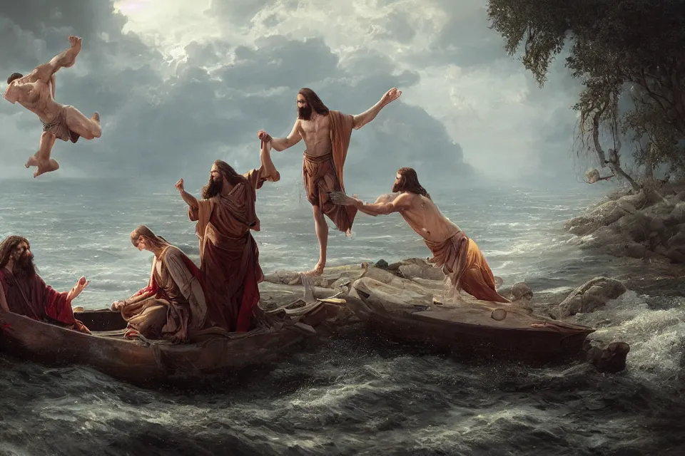 Prompt: An epic matte painting of Jesus saving me in the Water, beautiful, stunning, gorgeous, 4k resolution, professional digital art, by wlop and George Rutkowski, f16, intricate
