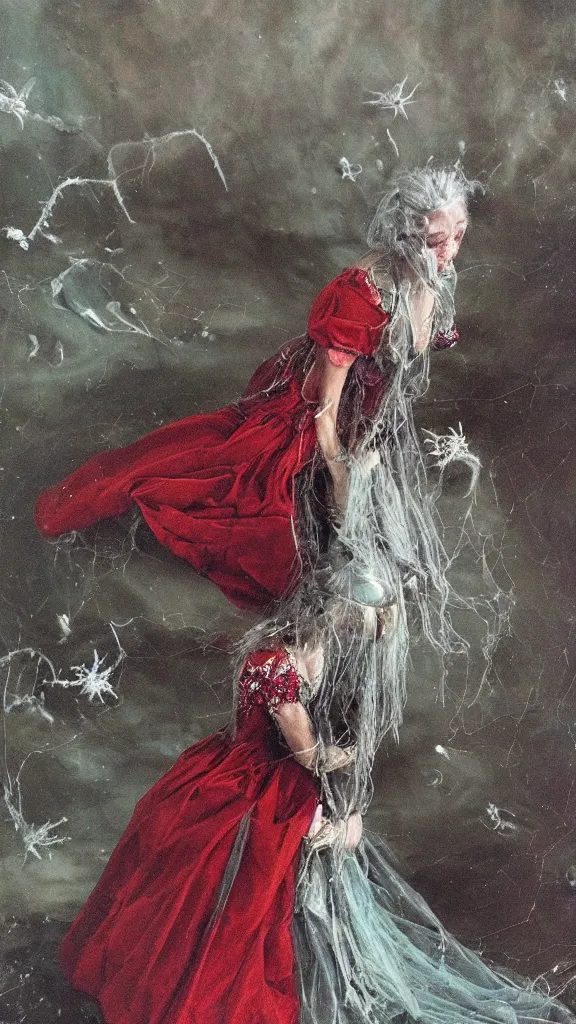Image similar to A 18th century, messy, silver haired, woman half spider, dressed in a red wedding dress. Everything is underwater and floating. Mystical, dreamlike, atmospheric, scarry, horroristic shadows, ((greenish blue tones)), theatrical, (((underwater lights))), high contrasts. fantasy oil canvas, inspired by Henry Wallis's The Death of Chatterton,
