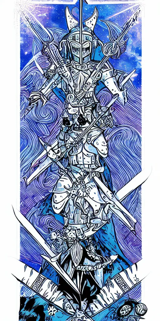 Prompt: Knight of Swords tarot card throne, space fantasy, symmetrical blue white and black, in the style of skottie young