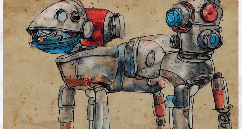 Prompt: a detailed illustration of a cute retro robot dog, alcohol inks on parchment, muted colors, detailed, textured parchment background, 1 9 5 0 s concept art