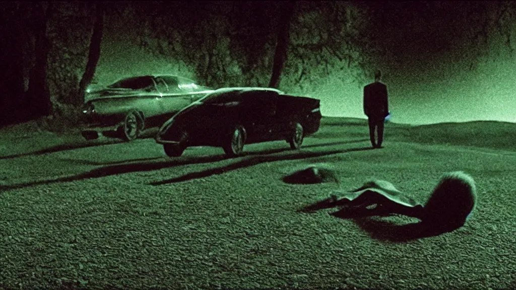 Image similar to the strange creature waits by the car, made of Chlorophyll and blood, film still from the movie directed by Denis Villeneuve with art direction by Salvador Dalí, wide lens