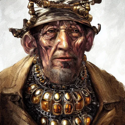 Image similar to portrait, headshot, digital painting, of a old 17th century, old cyborg merchant, amber jewels, baroque, ornate clothing, scifi, realistic, hyperdetailed, chiaroscuro, concept art, art by Franz Hals and Jon Foster