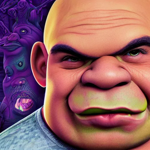 Image similar to a detailed painting of a shrek poorly disguised as vin diesel by Junji ito and Lisa frank, mobius, giger, escher, muted color scheme, artstation,8k,artstationHD,artstationHQ, cinematic, diffuse lighting