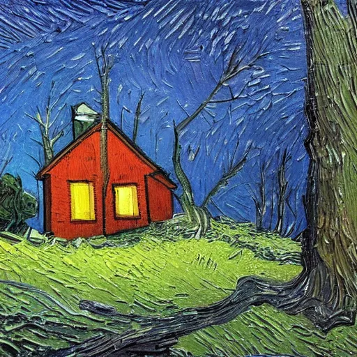 Prompt: a painting of a Eerie cabin in the middle of the woods in the style of Vincent van gogh