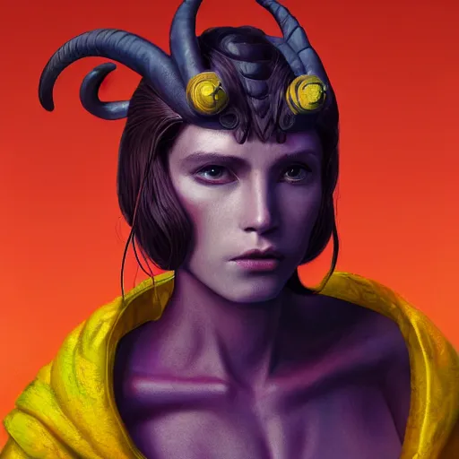 Image similar to A professional digital portrait painting of a young adult female tiefling, painted by Wes Anderson, painted by Hayao Miyazaki, dressed in light armor, 4k, digital art, trending on cgsociety, highly detailed, head and shoulders shot, shallow depth of field, purple and yellow lighting, professional lighting, airbrush,