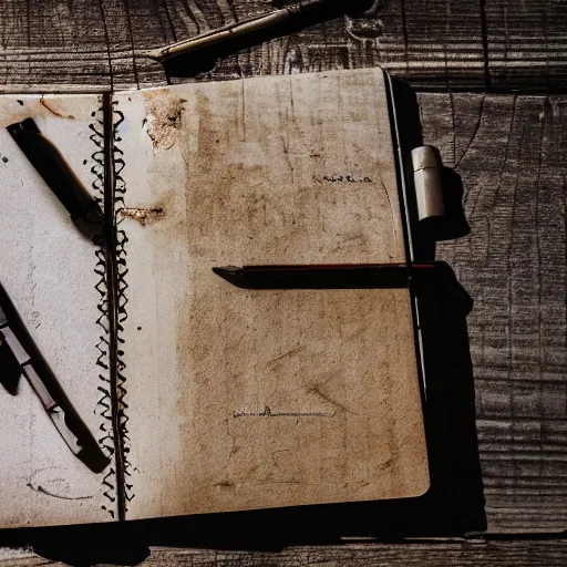 Image similar to highly detailed close up photo of an old worn notebook on wooden table, old table, feather pen, light coming out of near window, moody lighting, dim atmosphere, dust in air