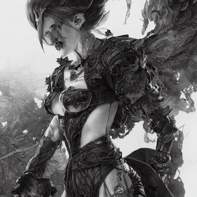 Image similar to the portrait of neutral evil fallen female dark knight vagabond as absurdly beautiful, gorgeous, sophisticated, young gravure idol, an ultrafine hyperdetailed illustration by kim jung gi, irakli nadar, intricate linework, bright colors, octopath traveler, final fantasy, unreal engine 5 highly rendered, global illumination, radiant light, detailed and intricate environment