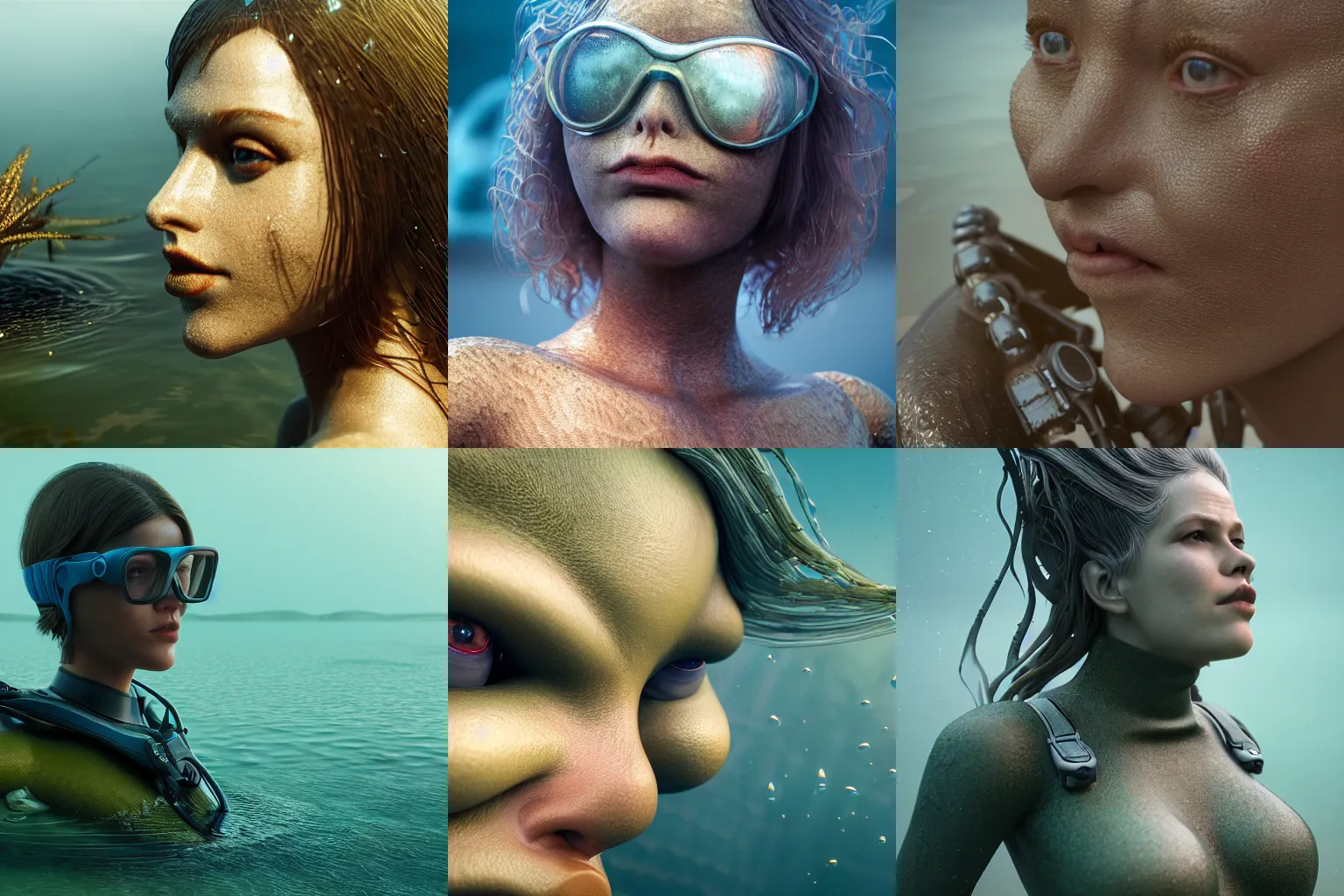 Prompt: incredibly realistic, too detailed closeup face of amphibious pond siren, long hair, wetsuit, octane render, bump mapping, macro image, global illumination, 8 k, bokeh, enki bilal, yuji himukai, jen zee, peter mohrbacher