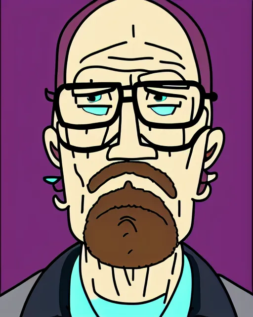 Image similar to portrait of walter white in the style of justin roiland. heisenberg from breaking bad. cinematic lighting. style of rick & morty. photographic, photography. by justin roiland