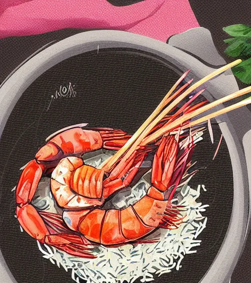 Prompt: cute digital art of a shrimp cook cooking rice