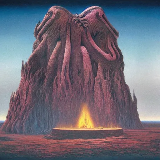 Prompt: lovecraftian horrors human sacrifice 5MeO roger deakins cinematography painting by Roger Dean