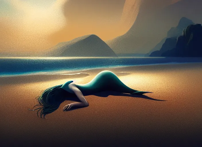 Prompt: a mermaid lying on the shore of a golden sand beach alone around volumetric lighting, digital painting, highly detailed, artstation, sharp focus, illustration, concept art, ruan jia, steve mccurry, amazing composition