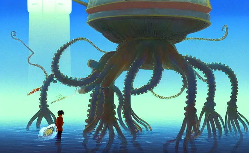 Image similar to a realistic cell - shaded studio ghibli concept art from paprika ( 2 0 0 6 ) of a flying intelligent multi - colored mechanical octopus from close encounters of the third kind ( 1 9 7 7 ) in a flooded monument valley. very dull colors, wide shot, hd, 4 k, hq