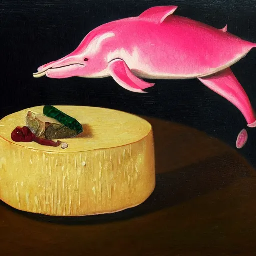 Image similar to a highly detailed oil painting of a pink dolphin ruling a cheese kingdom where everything is made from different types of cheese, surreal, 4 k, trending on art station, in the style of caravaggio, comic book style, van gogh