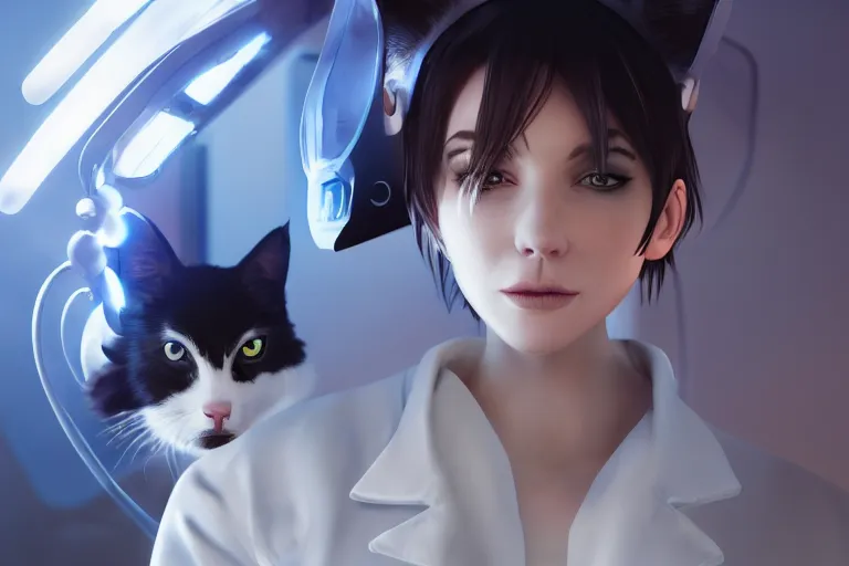 Image similar to woman with cat ears wearing a labcoat in a futuristic lab, cinematic, beautiful face, digital art, by wlop, by james gilleard, by conrad roset, by yoshitaka amano, sunlit, cozy, trending on artstation, octane render, matter art, close up shot