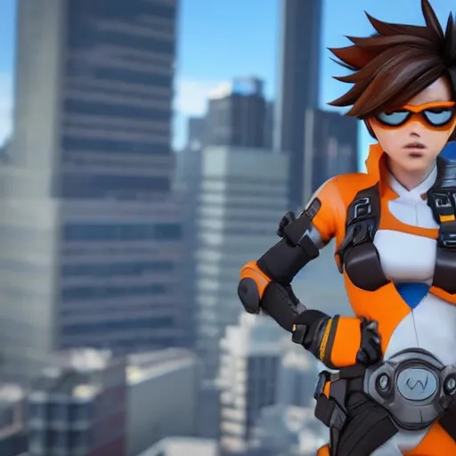 Image similar to tracer, standing on rooftop, 4 k, detailed, smiling at camera, confident stance