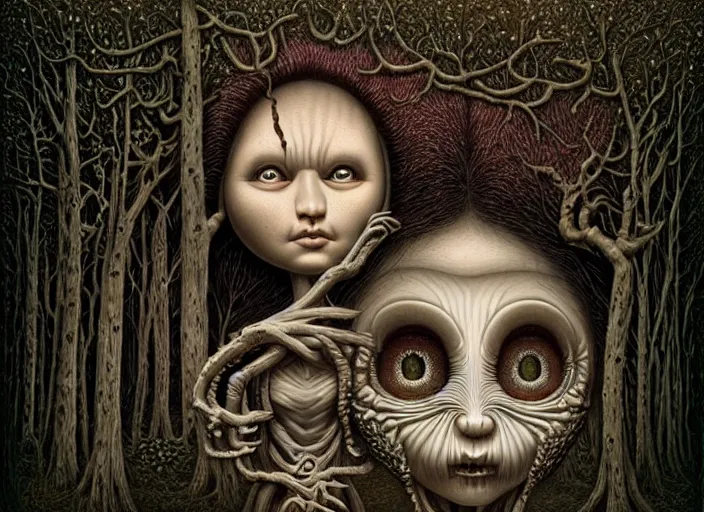 Prompt: intricate detailed portrait of a character in front of a cabin in a dark mysterious forest by mark ryden, naoto hattori, giger